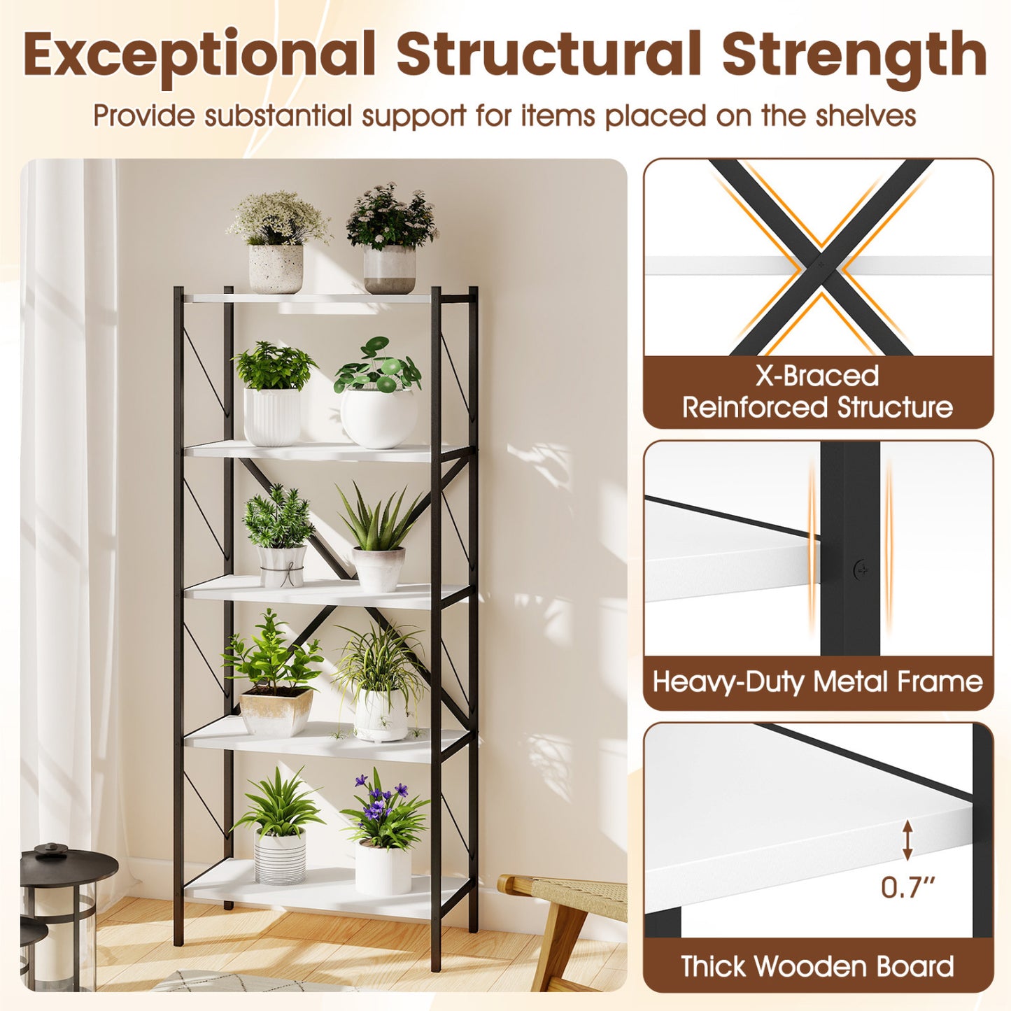 5-Tier Tall Bookshelf Industrial Bookcase with Heavy-Duty Metal Frame Modern Storage, White Bookcases at Gallery Canada