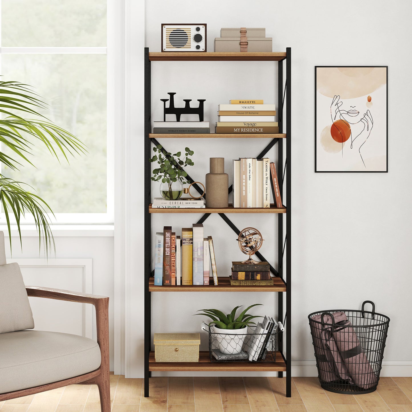 5-Tier Tall Bookshelf Industrial Bookcase with Heavy-Duty Metal Frame Modern Storage, Walnut Bookcases at Gallery Canada