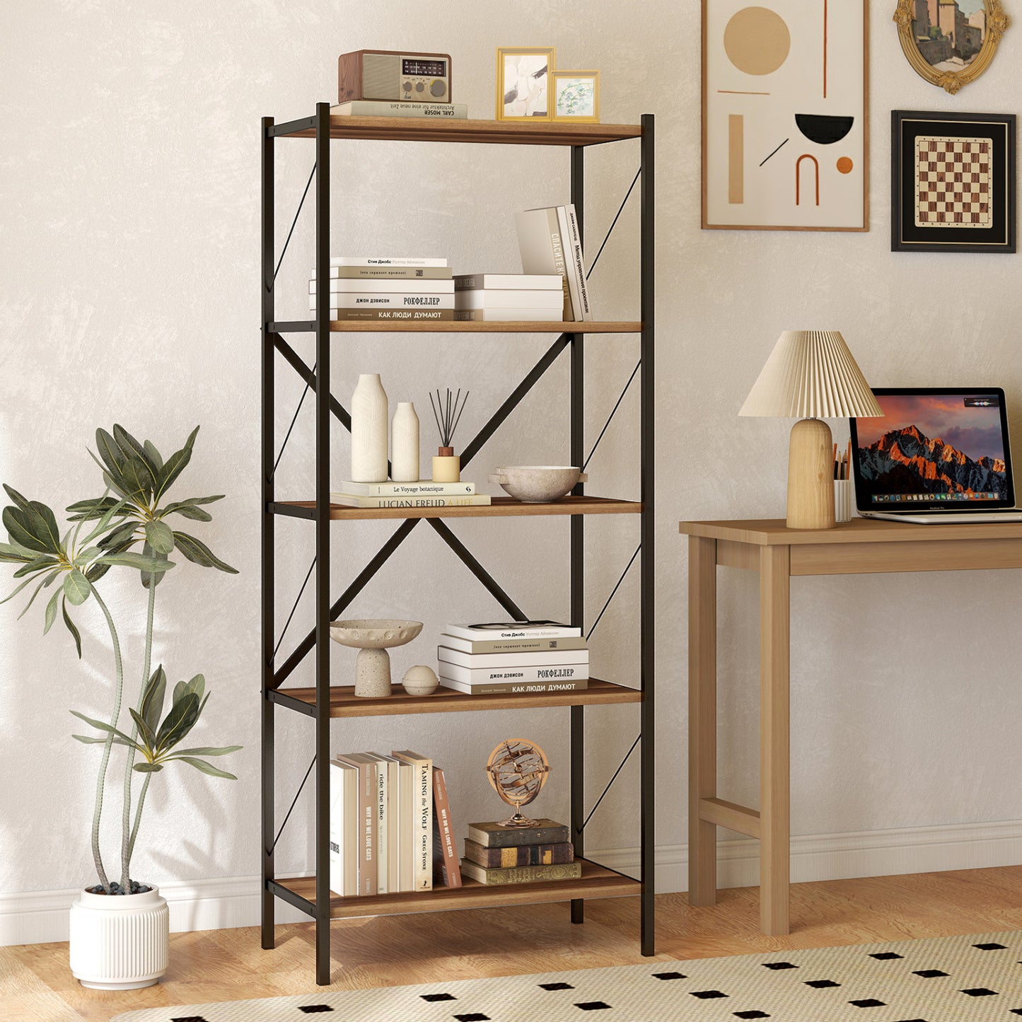 5-Tier Tall Bookshelf Industrial Bookcase with Heavy-Duty Metal Frame Modern Storage, Walnut Bookcases at Gallery Canada
