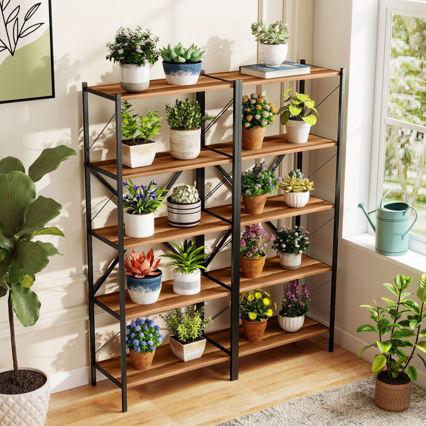 5-Tier Tall Bookshelf Industrial Bookcase with Heavy-Duty Metal Frame Modern Storage, Walnut Bookcases at Gallery Canada