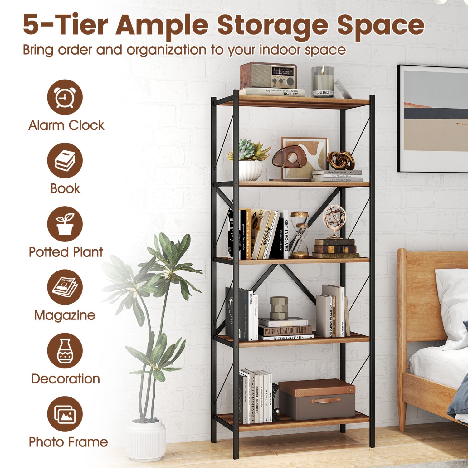 5-Tier Tall Bookshelf Industrial Bookcase with Heavy-Duty Metal Frame Modern Storage, Walnut Bookcases at Gallery Canada