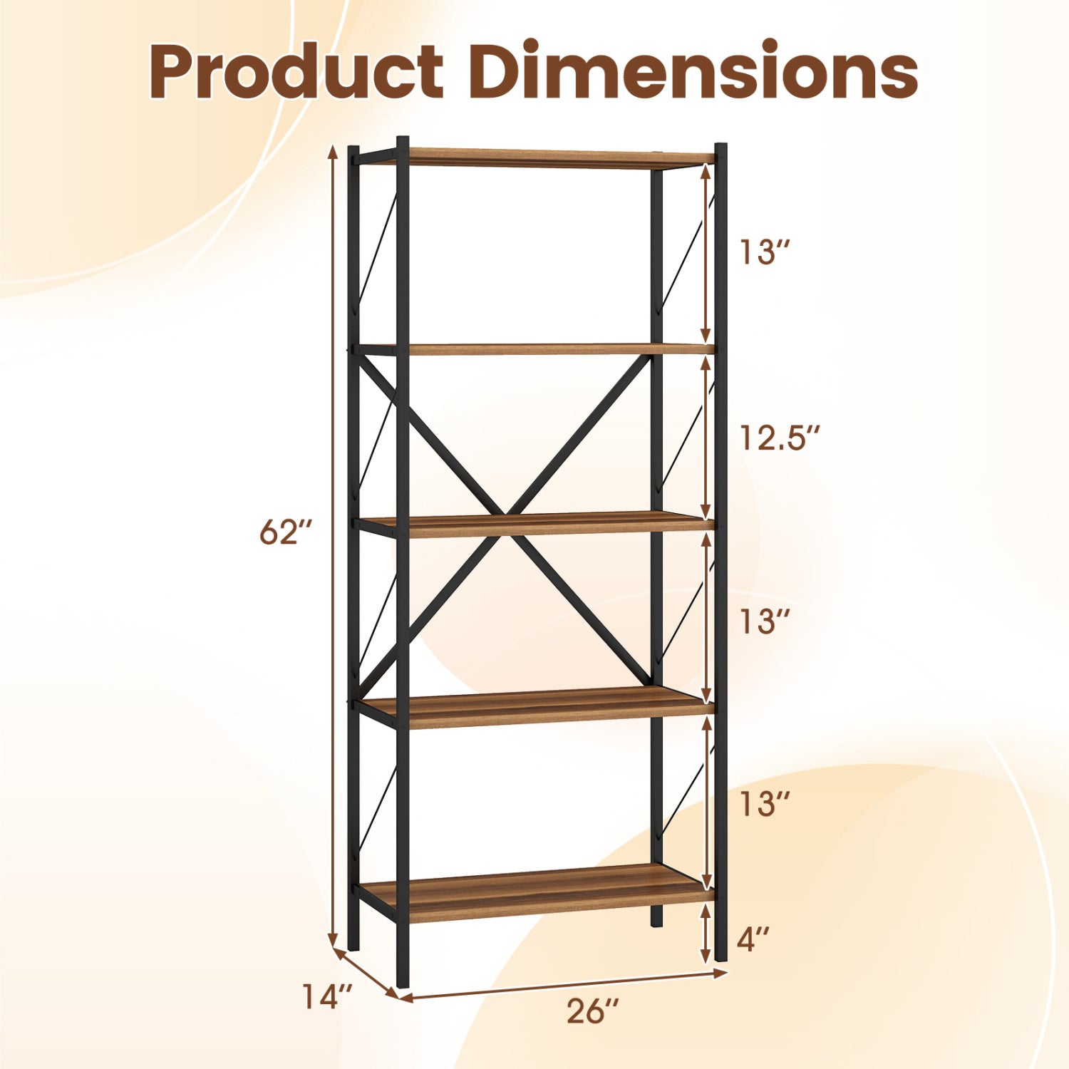 5-Tier Tall Bookshelf Industrial Bookcase with Heavy-Duty Metal Frame Modern Storage, Walnut Bookcases at Gallery Canada