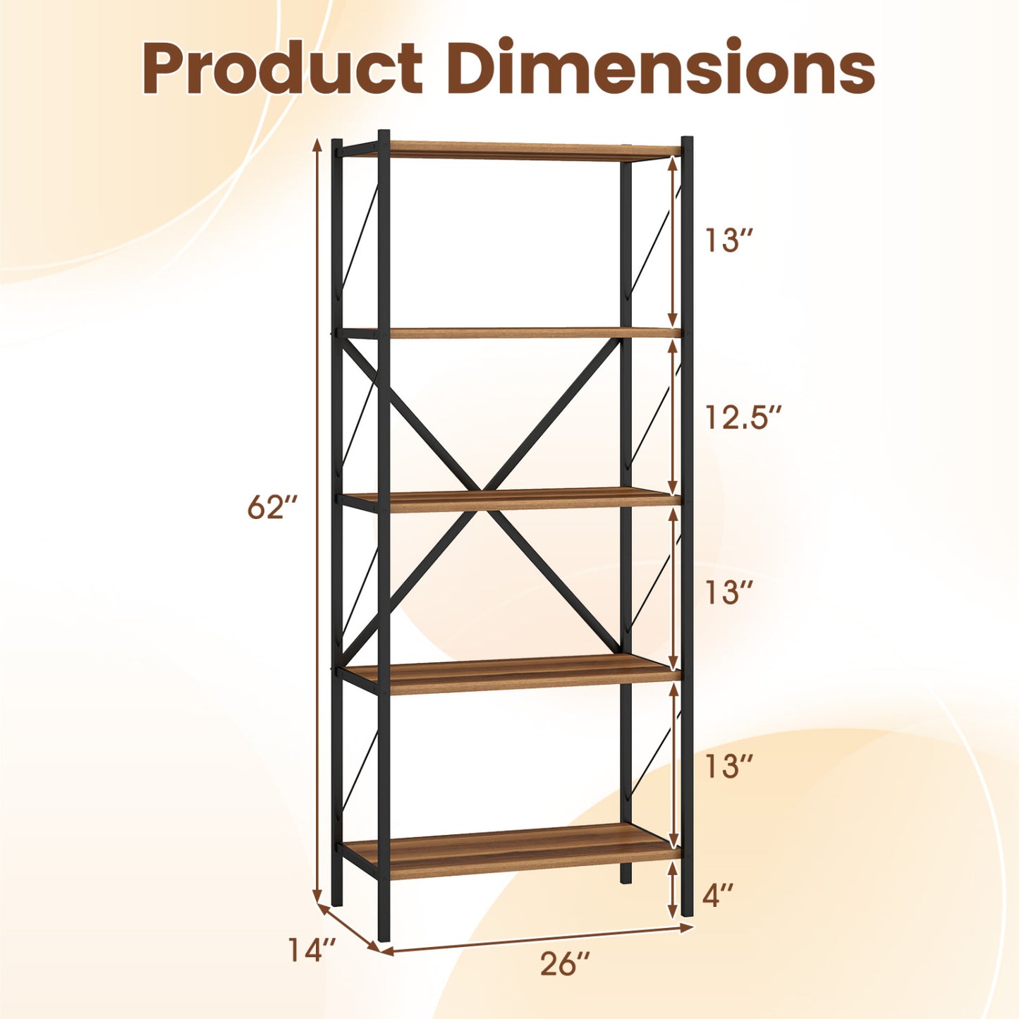 5-Tier Tall Bookshelf Industrial Bookcase with Heavy-Duty Metal Frame Modern Storage, Walnut Bookcases at Gallery Canada