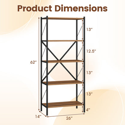 5-Tier Tall Bookshelf Industrial Bookcase with Heavy-Duty Metal Frame Modern Storage, Walnut Bookcases at Gallery Canada