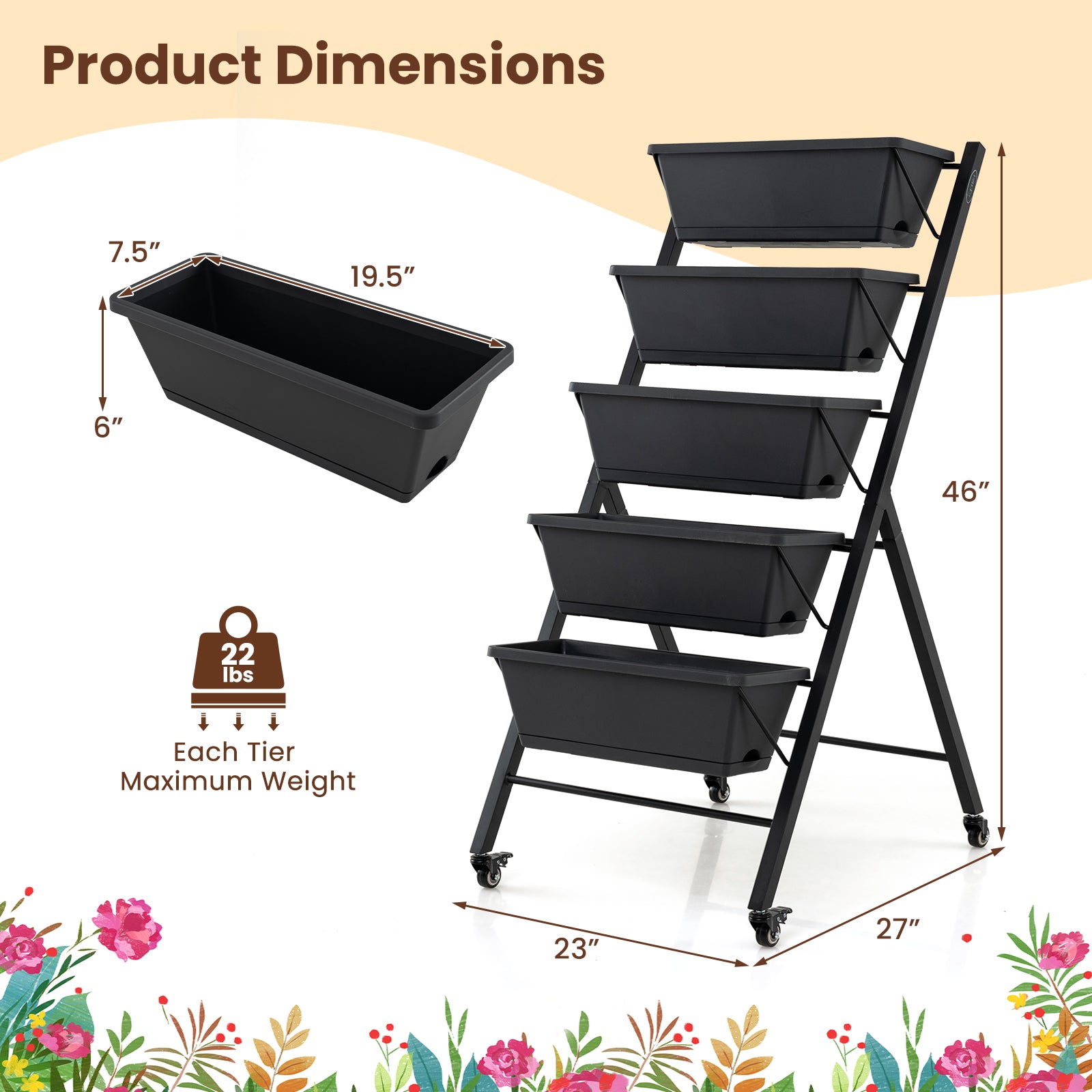 5-Tier Vertical Raised Garden Bed With Wheels, Black Raised Garden Beds at Gallery Canada