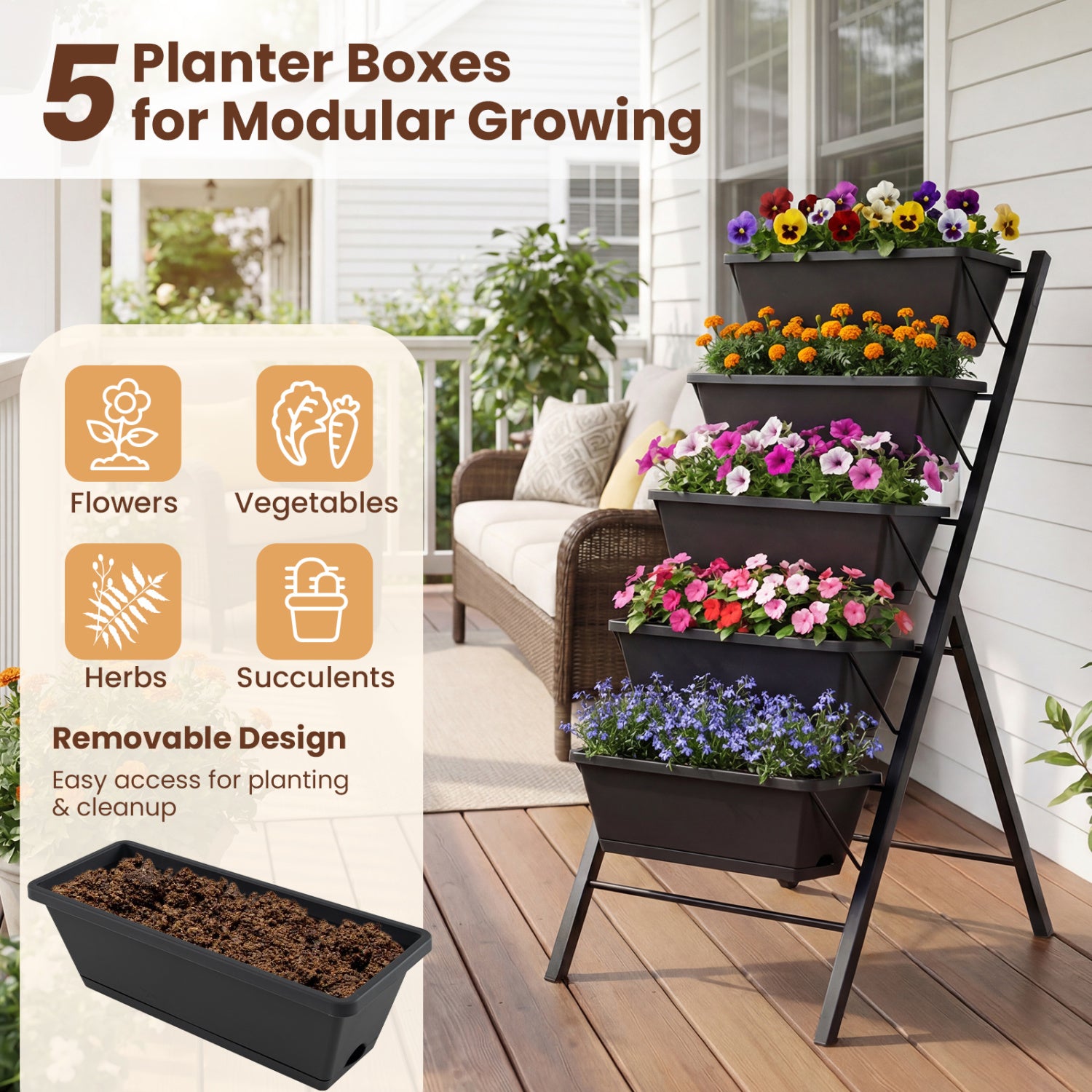 5-Tier Vertical Raised Garden Bed, With Drainage Holes, Black Raised Garden Beds at Gallery Canada