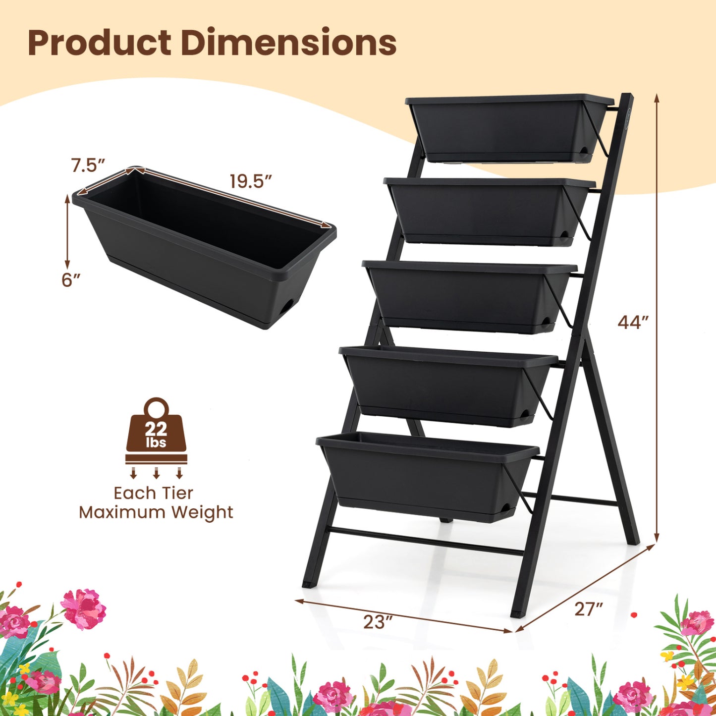 5-Tier Vertical Raised Garden Bed, With Drainage Holes, Black Raised Garden Beds at Gallery Canada