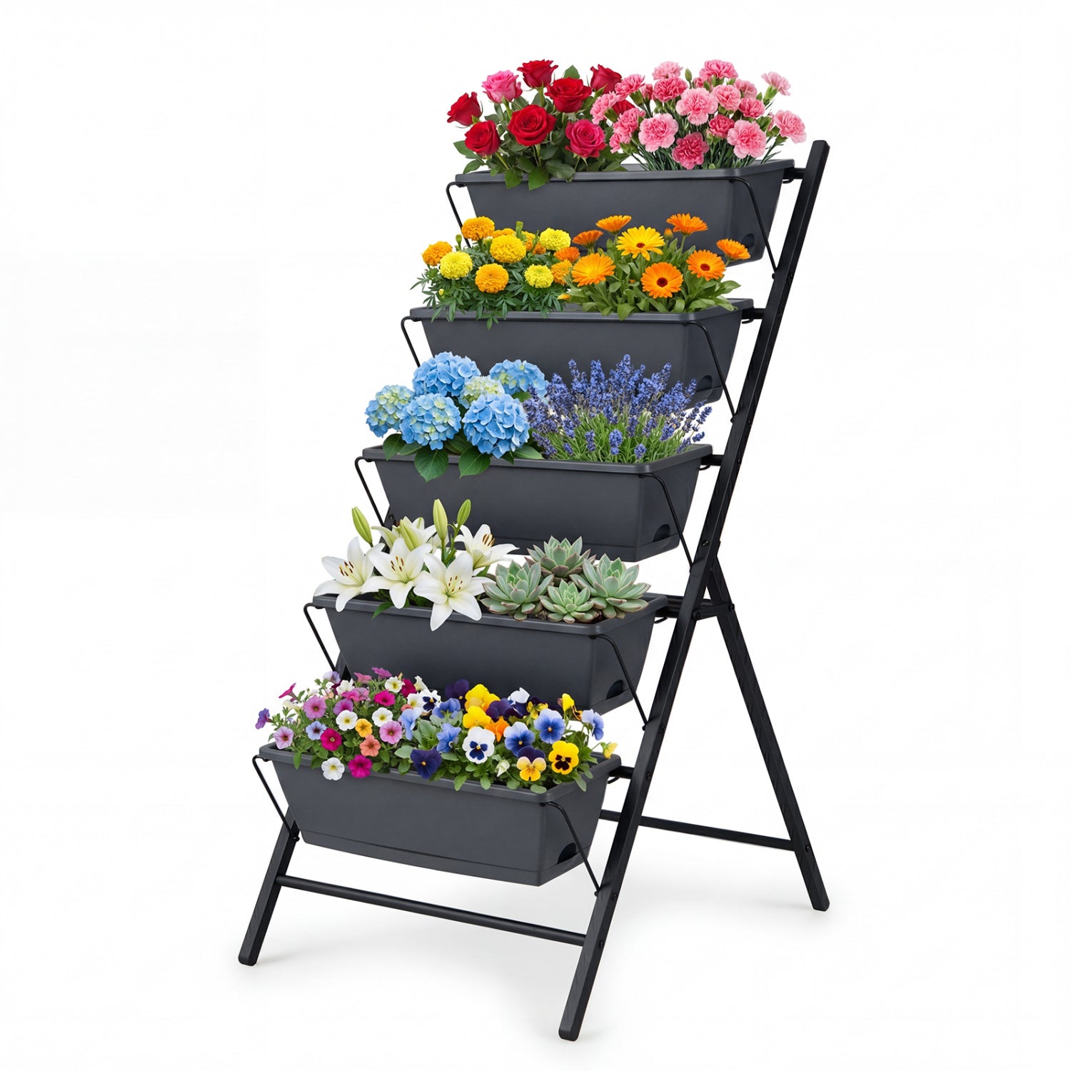 5-Tier Vertical Garden Bed With Drainage, Removable Trays, Black