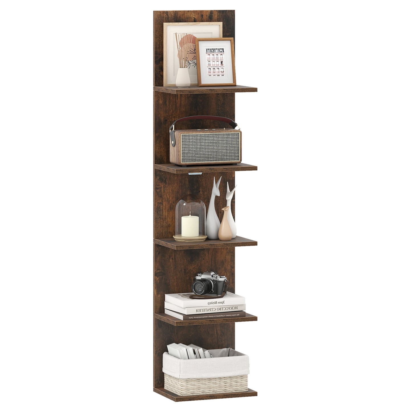 5-Tier Wall Mounted Shelf Unit with Wood Grain, Rustic Brown Bookcases at Gallery Canada