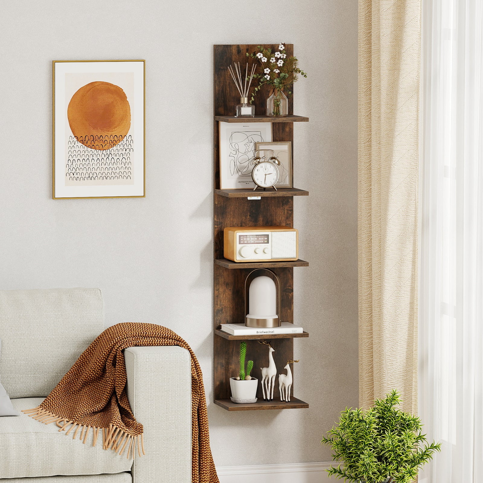 5-Tier Wall Mounted Shelf Unit with Wood Grain, Rustic Brown Bookcases at Gallery Canada