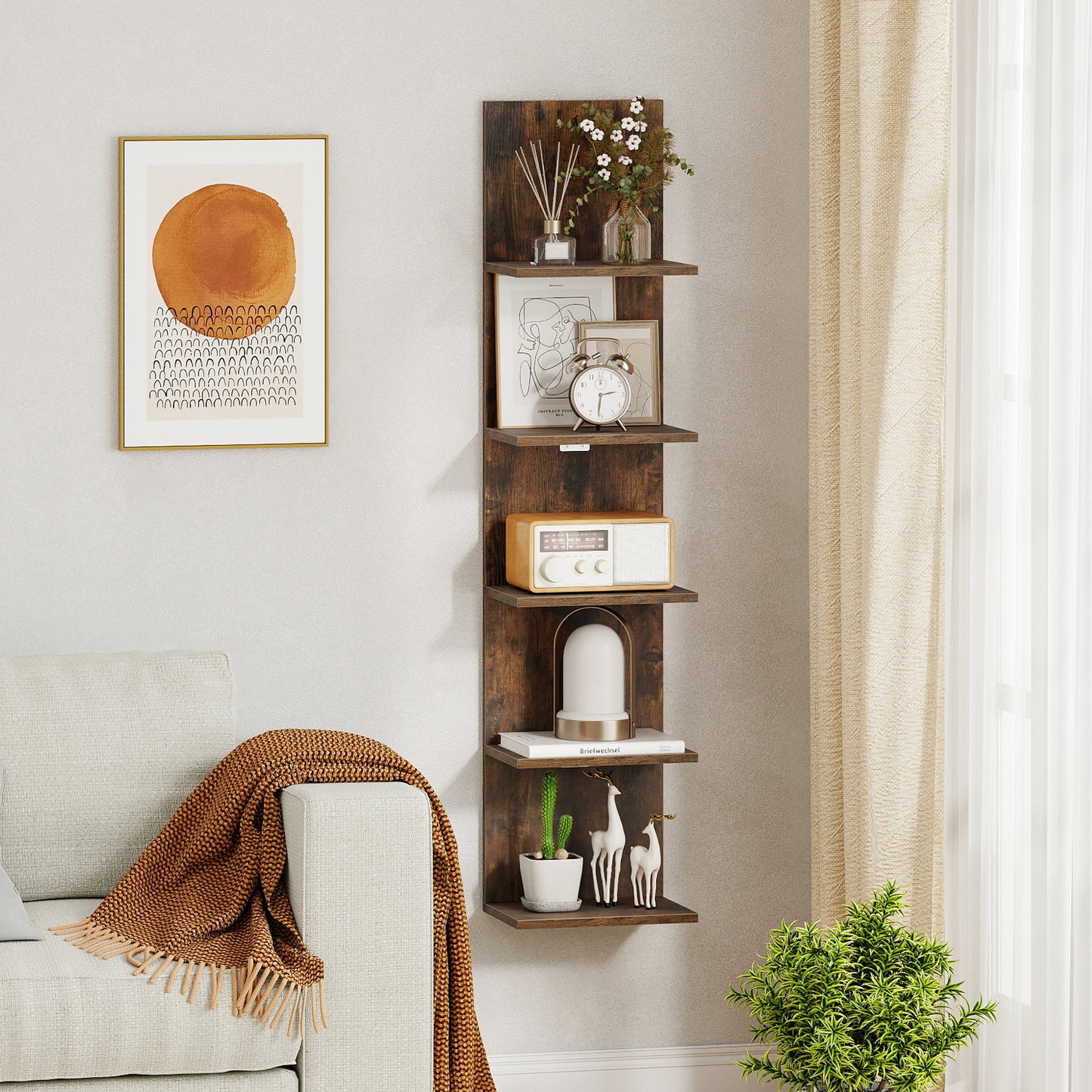5-Tier Wall Mounted Shelf Unit with Wood Grain, Rustic Brown Bookcases at Gallery Canada