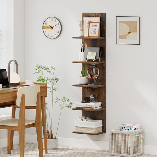 5-Tier Wall Mounted Shelf Unit with Wood Grain, Rustic Brown