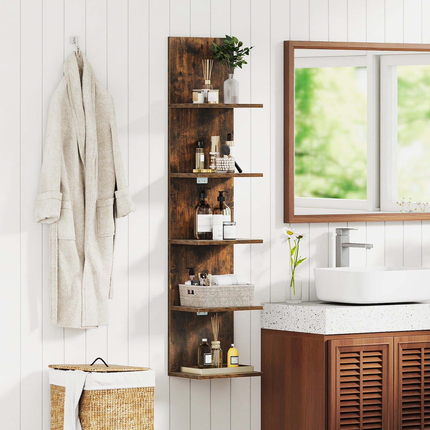 5-Tier Wall Mounted Shelf Unit with Wood Grain, Rustic Brown Bookcases at Gallery Canada