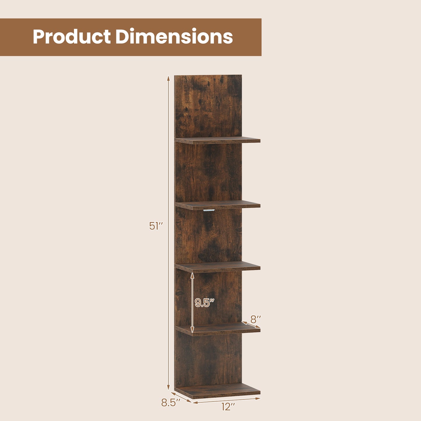 5-Tier Wall Mounted Shelf Unit with Wood Grain, Rustic Brown Bookcases at Gallery Canada
