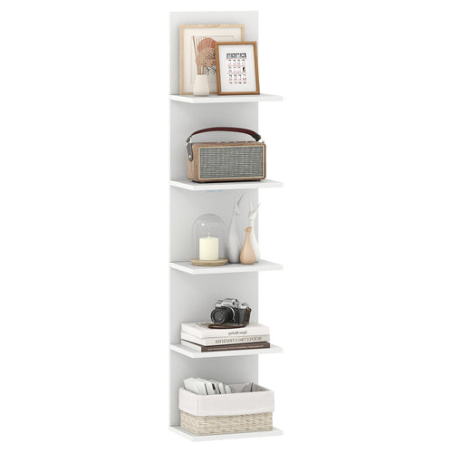5-Tier Wall Mounted Shelf Unit, Wood Grain, White