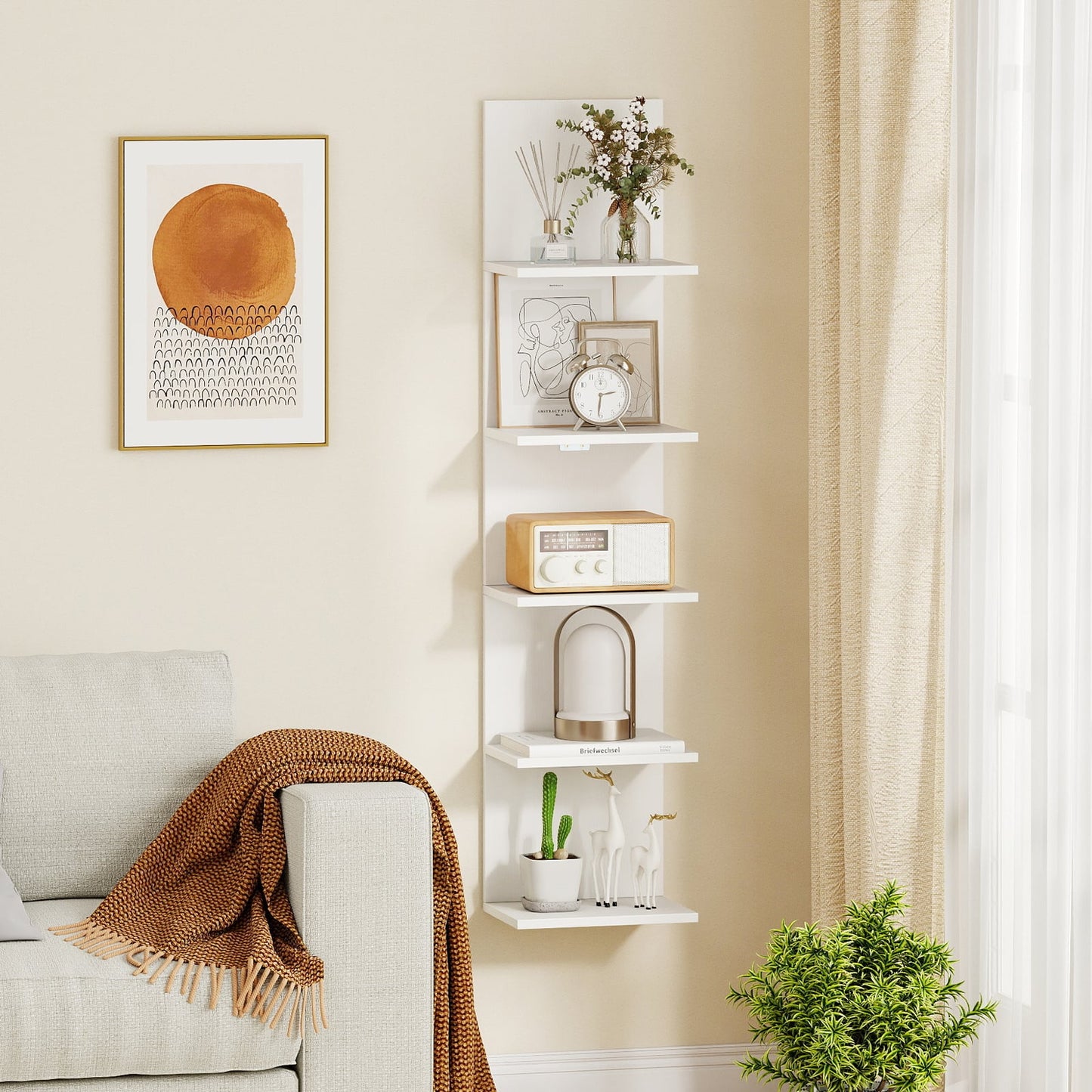 5-Tier Wall Mounted Shelf Unit, Wood Grain, White Bookcases at Gallery Canada