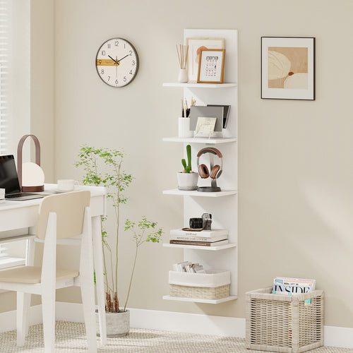 5-Tier Wall Mounted Shelf Unit, Wood Grain, White