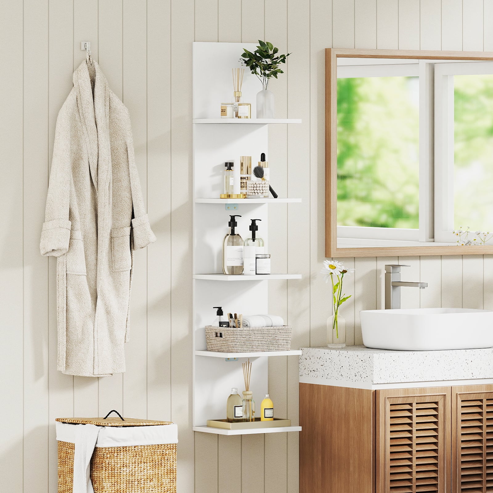 5-Tier Wall Mounted Shelf Unit, Wood Grain, White Bookcases at Gallery Canada