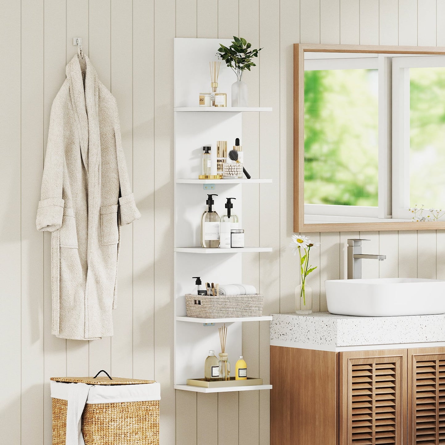 5-Tier Wall Mounted Shelf Unit, Wood Grain, White Bookcases at Gallery Canada