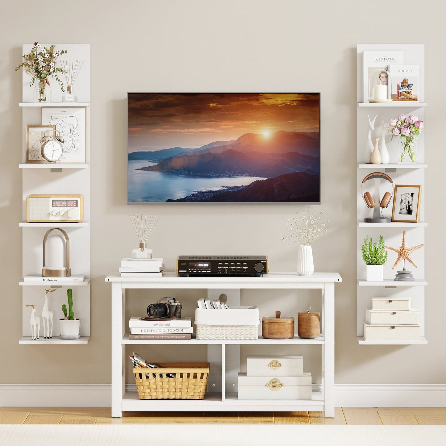 5-Tier Wall Mounted Shelf Unit, Wood Grain, White Bookcases at Gallery Canada