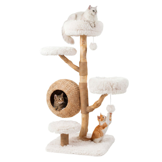 5-Tier Wooden Cat Tree, Woven Condo, Plush Perches, Jute Posts, White Cat Trees Condos & Scratchers White at Gallery Canada