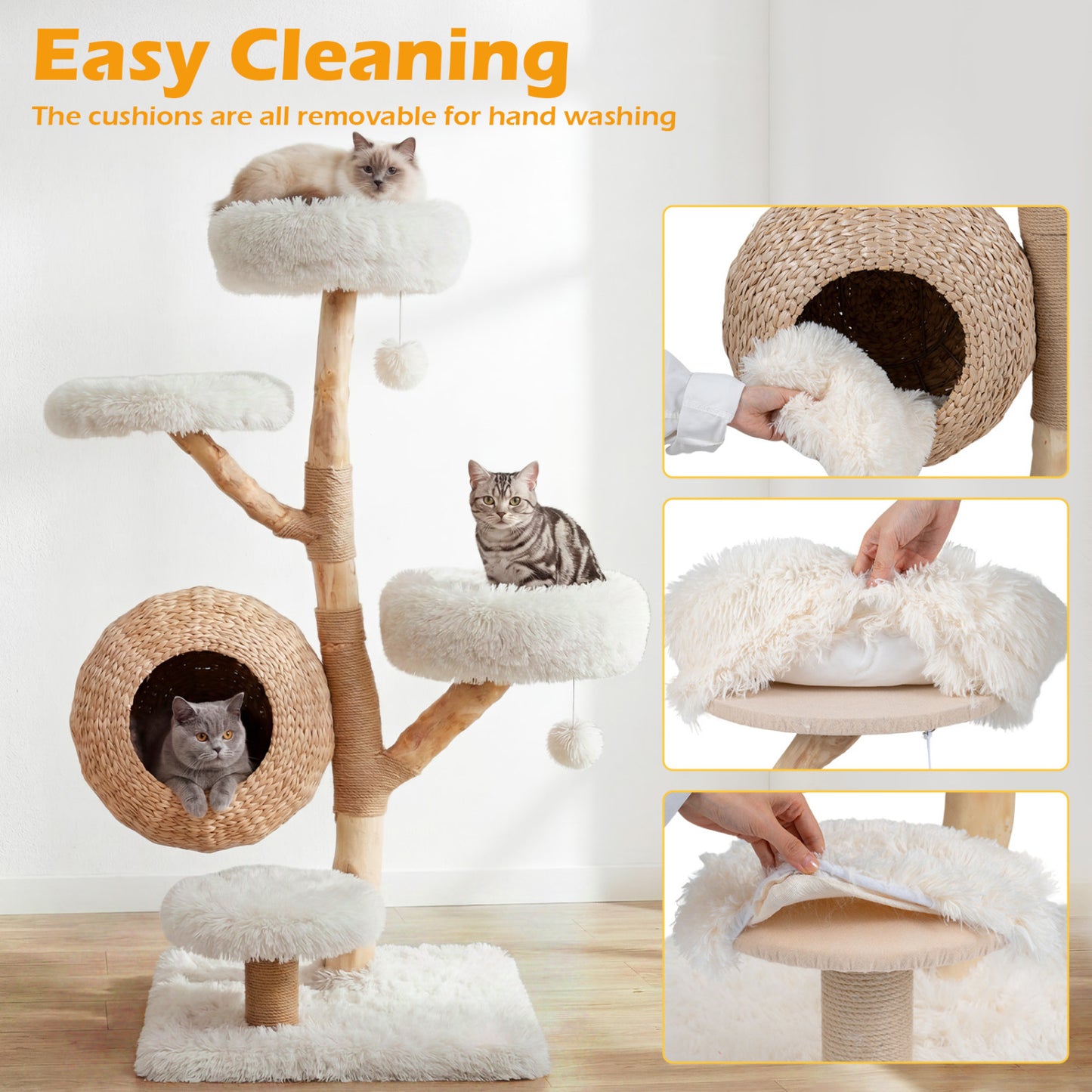 5-Tier Wooden Cat Tree, Woven Condo, Plush Perches, Jute Posts, White Cat Trees Condos & Scratchers at Gallery Canada