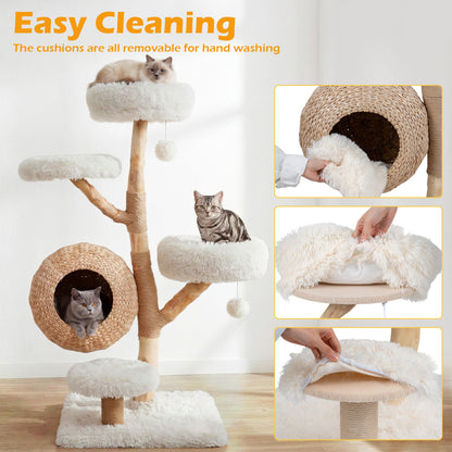 5-Tier Wooden Cat Tree, Woven Condo, Plush Perches, Jute Posts, White Cat Trees Condos & Scratchers at Gallery Canada