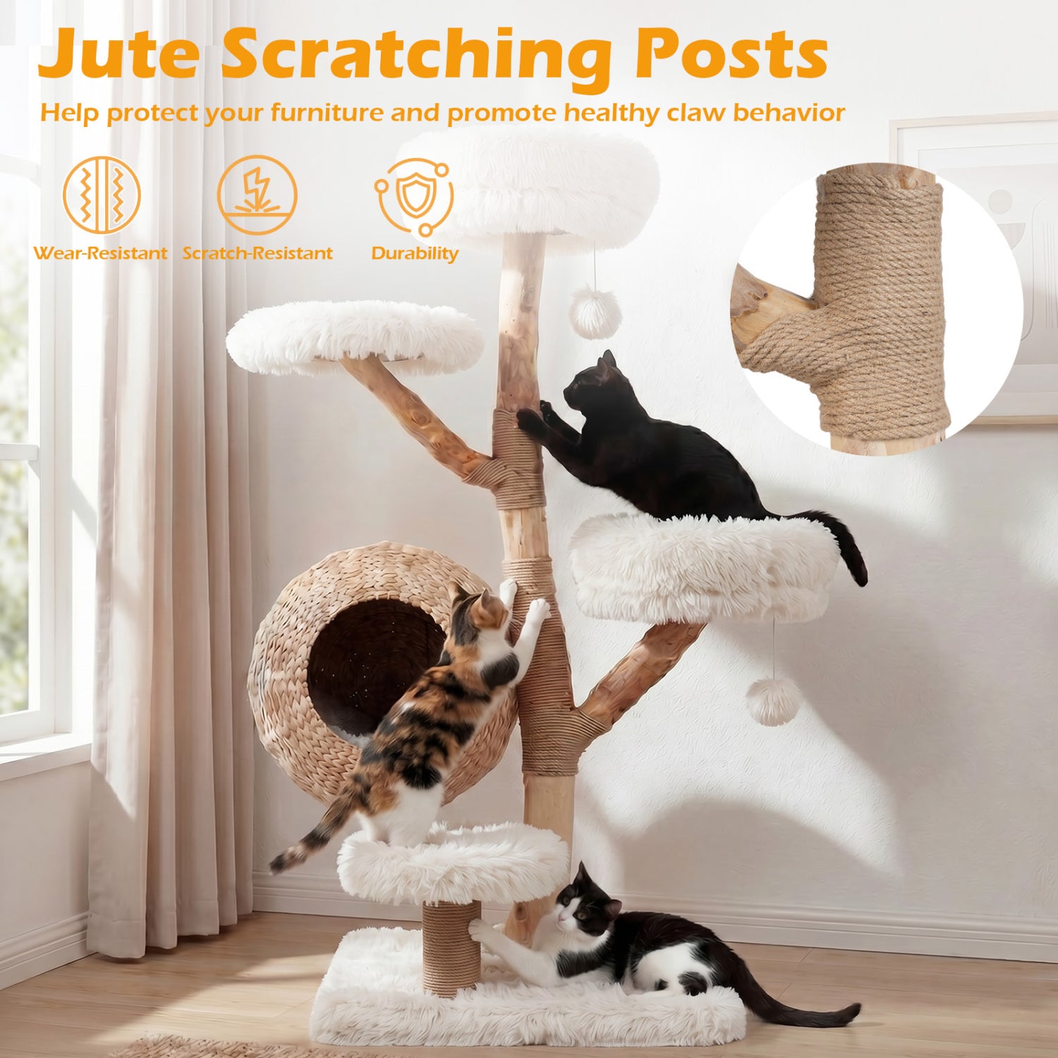 5-Tier Wooden Cat Tree, Woven Condo, Plush Perches, Jute Posts, White Cat Trees Condos & Scratchers at Gallery Canada