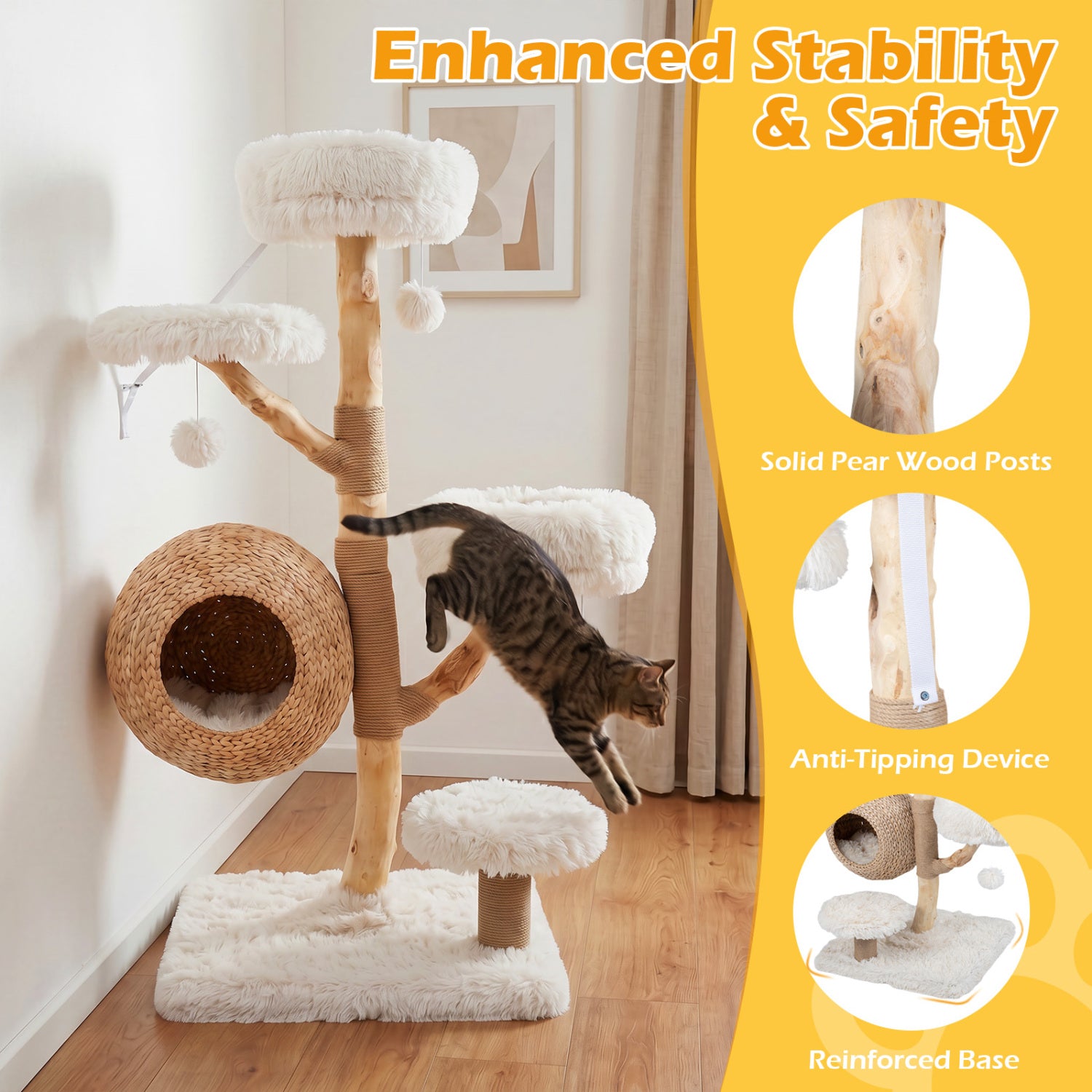 5-Tier Wooden Cat Tree, Woven Condo, Plush Perches, Jute Posts, White Cat Trees Condos & Scratchers at Gallery Canada
