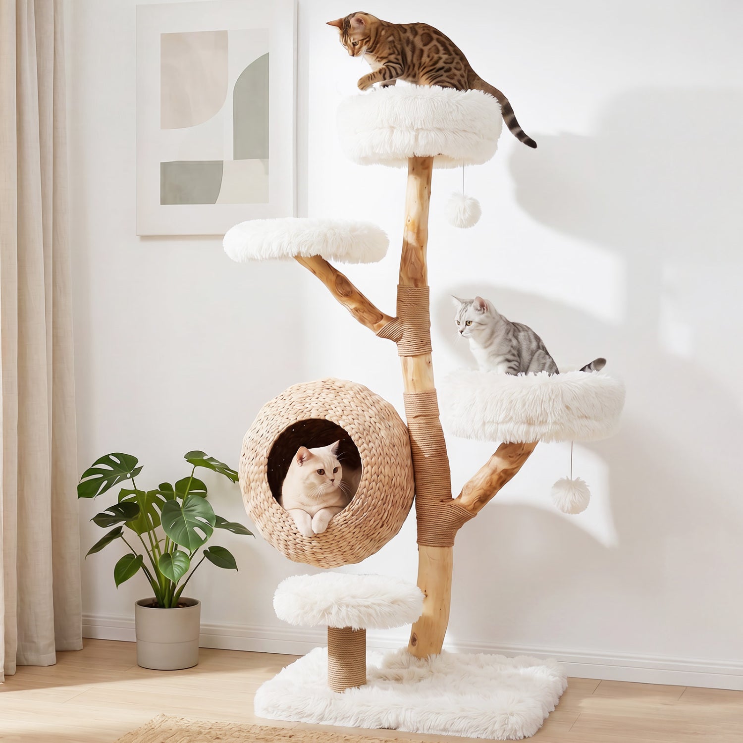 5-Tier Wooden Cat Tree, Woven Condo, Plush Perches, Jute Posts, White Cat Trees Condos & Scratchers at Gallery Canada