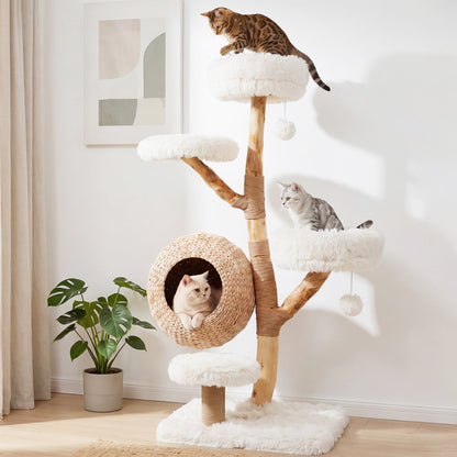5-Tier Wooden Cat Tree, Woven Condo, Plush Perches, Jute Posts, White Cat Trees Condos & Scratchers at Gallery Canada