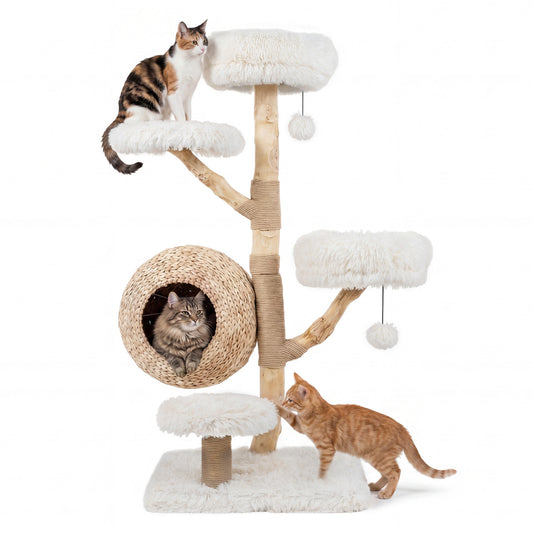 5-Tier Wooden Cat Tree, Woven Condo, Plush Perches, Jute Posts, White Cat Trees Condos & Scratchers White at Gallery Canada