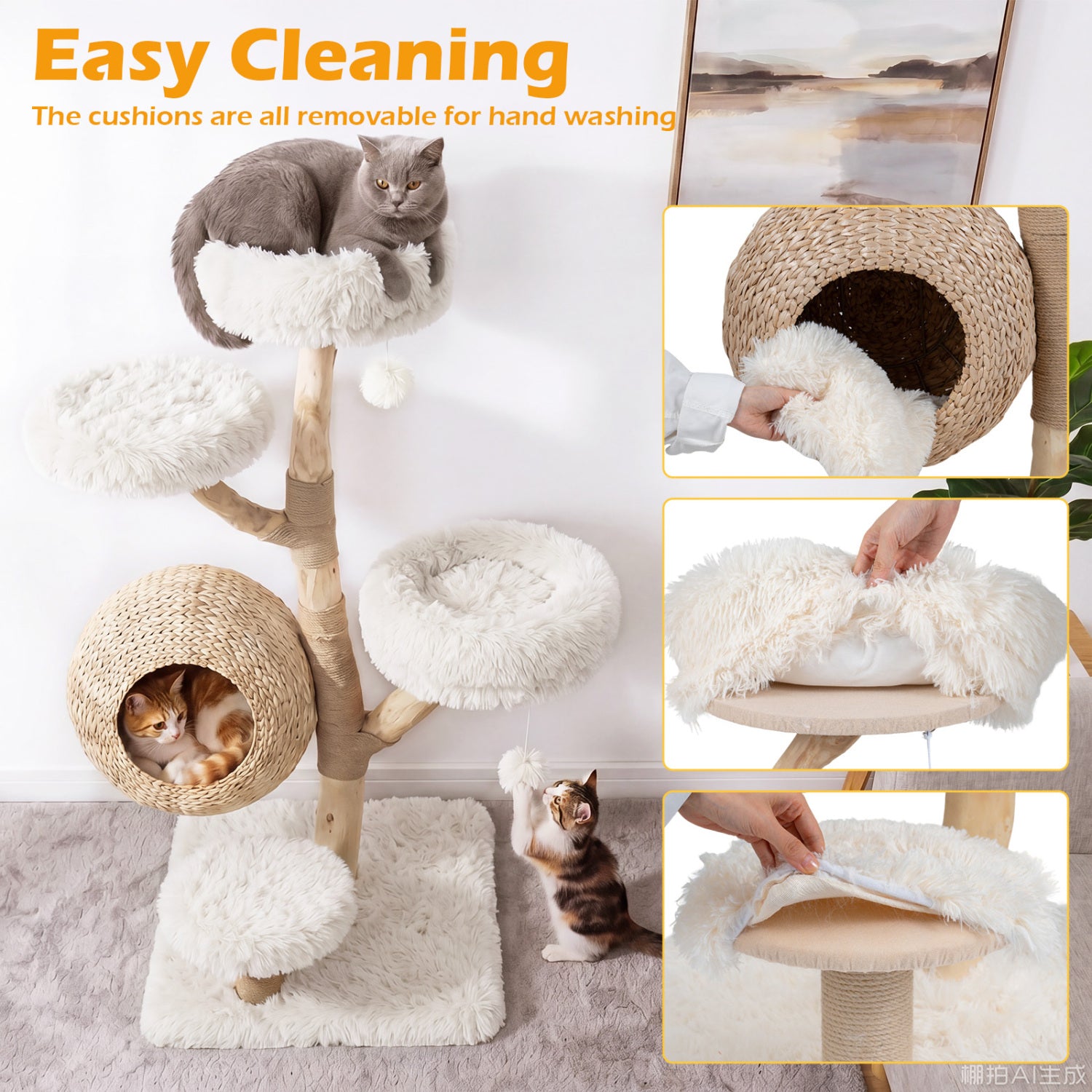 5-Tier Wooden Cat Tree, Woven Condo, Plush Perches, Jute Posts, White Cat Trees Condos & Scratchers at Gallery Canada