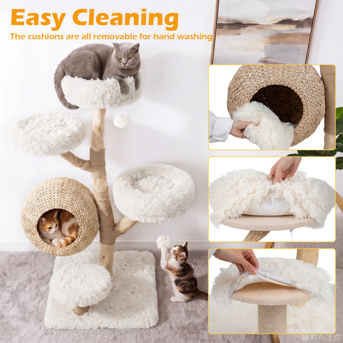 5-Tier Wooden Cat Tree, Woven Condo, Plush Perches, Jute Posts, White Cat Trees Condos & Scratchers at Gallery Canada