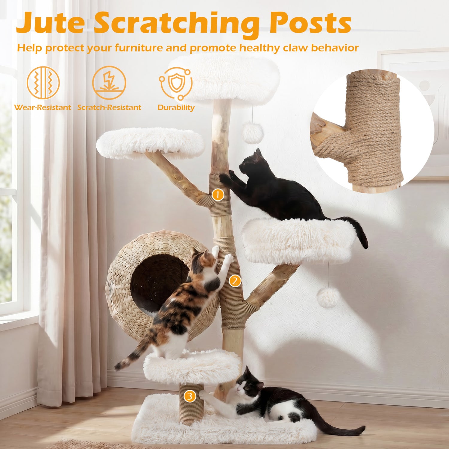 5-Tier Wooden Cat Tree, Woven Condo, Plush Perches, Jute Posts, White Cat Trees Condos & Scratchers at Gallery Canada