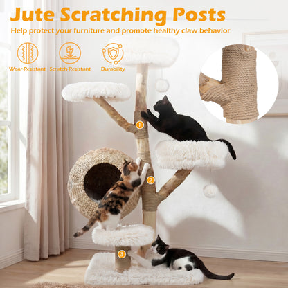 5-Tier Wooden Cat Tree, Woven Condo, Plush Perches, Jute Posts, White Cat Trees Condos & Scratchers at Gallery Canada