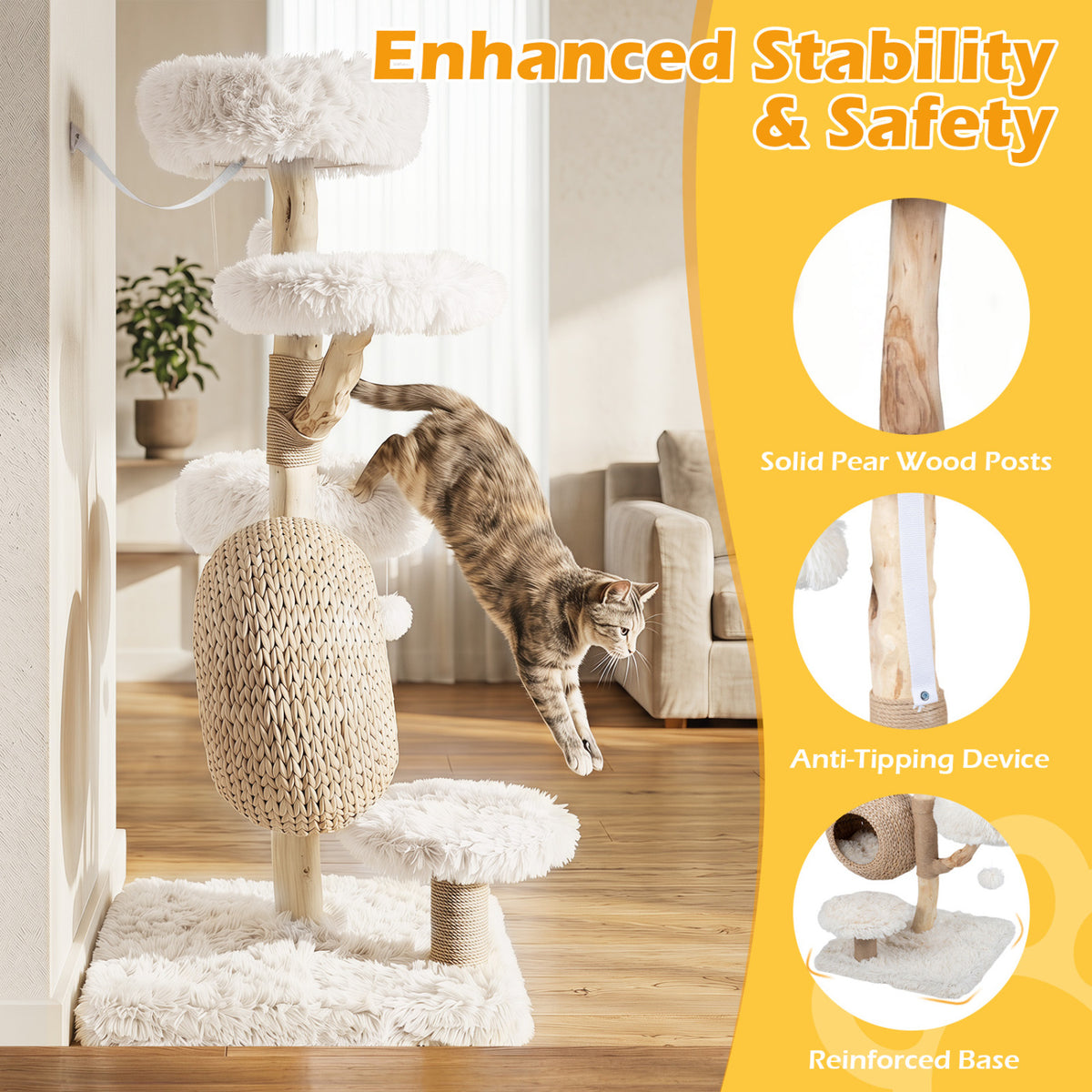 5-Tier Wooden Cat Tree, Woven Condo, Plush Perches, Jute Posts, White Cat Trees Condos & Scratchers at Gallery Canada