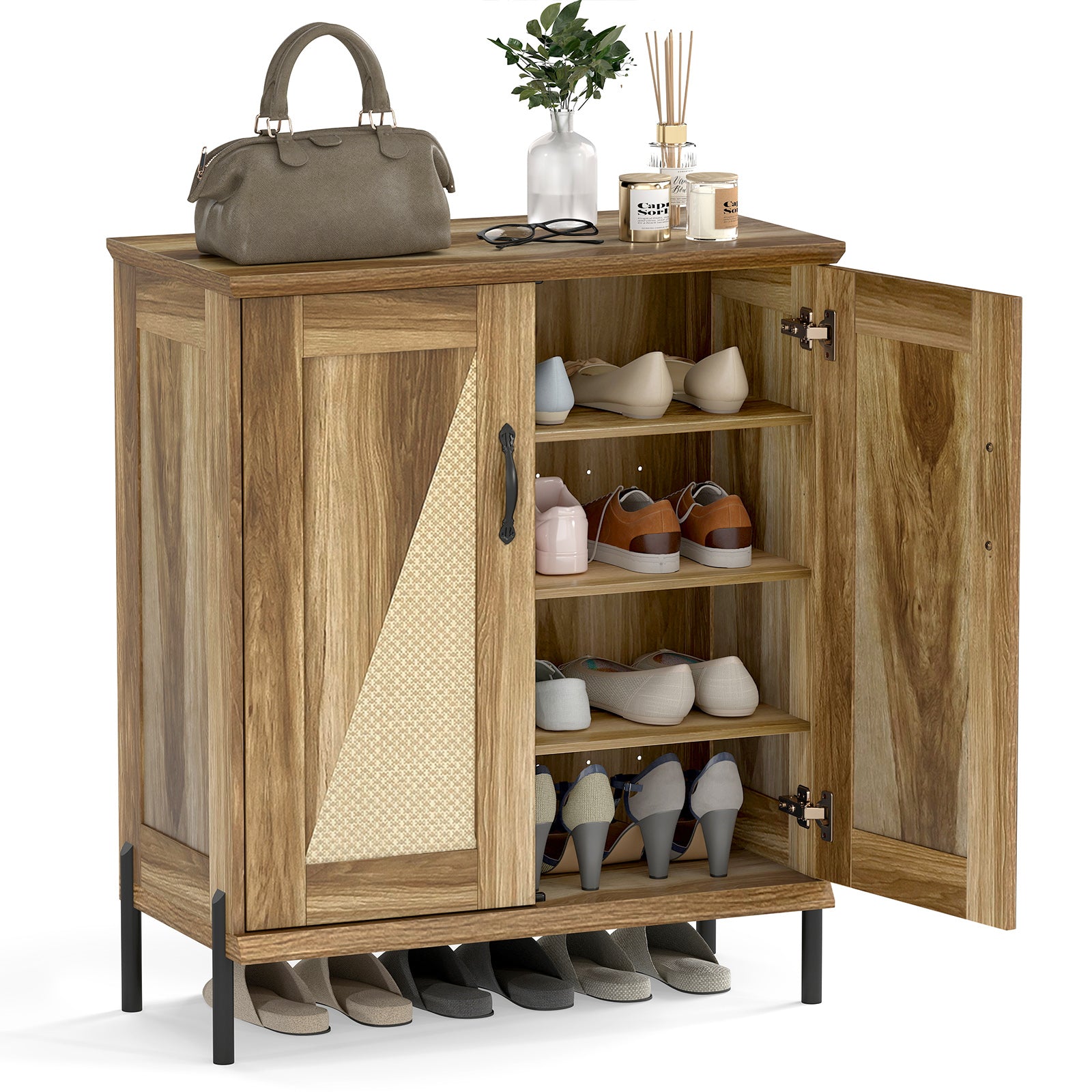 5-Tier Wooden Shoe Cabinet, Woven Rattan Doors, Natural Shoe Racks & Storage Benches at Gallery Canada