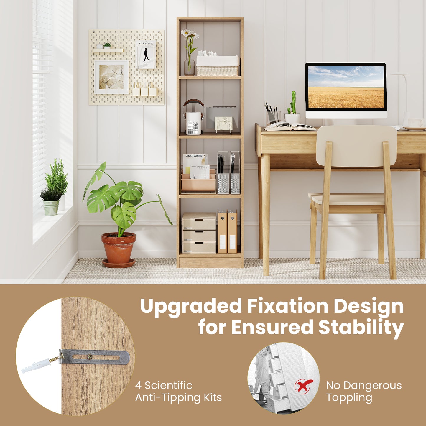 5-Tier 4-Cube Narrow Bookshelf, Anti-Tipping Kits, Natural Bookcases at Gallery Canada