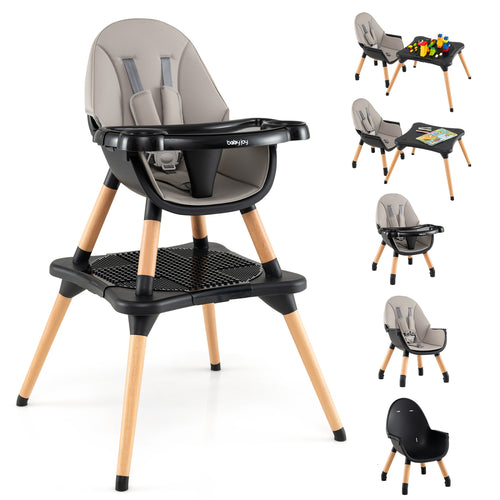 5-in-1 Baby Convertible Wooden High Chair, Detachable Tray, Black