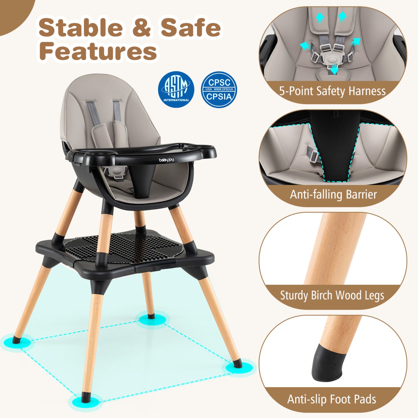 5-in-1 Baby Convertible Wooden High Chair, Detachable Tray, Black High Chairs at Gallery Canada