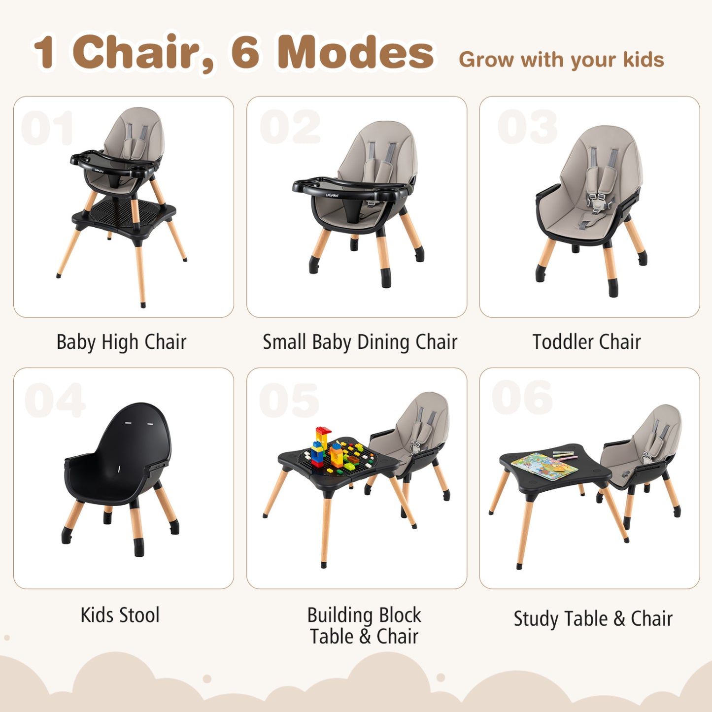 5-in-1 Baby Convertible Wooden High Chair, Detachable Tray, Black High Chairs at Gallery Canada