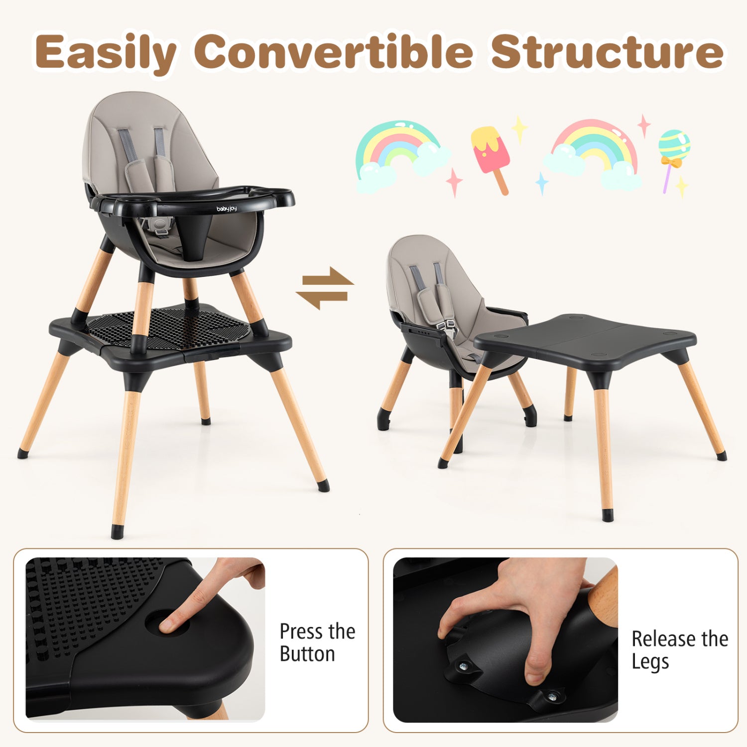 5-in-1 Baby Convertible Wooden High Chair, Detachable Tray, Black High Chairs at Gallery Canada