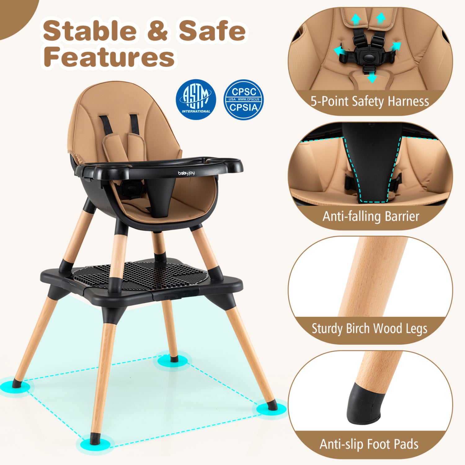 5-In-1 Convertible Wooden High Chair, Detachable Tray, Light Brown High Chairs at Gallery Canada