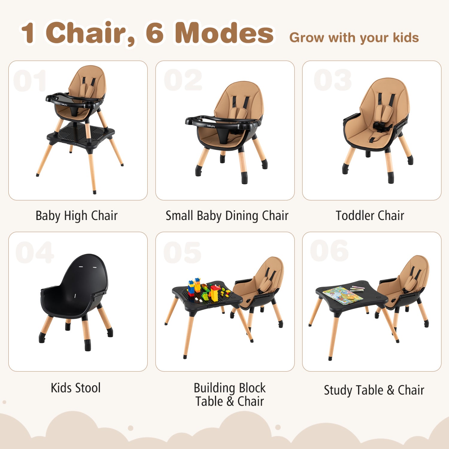 5-In-1 Convertible Wooden High Chair, Detachable Tray, Light Brown High Chairs at Gallery Canada