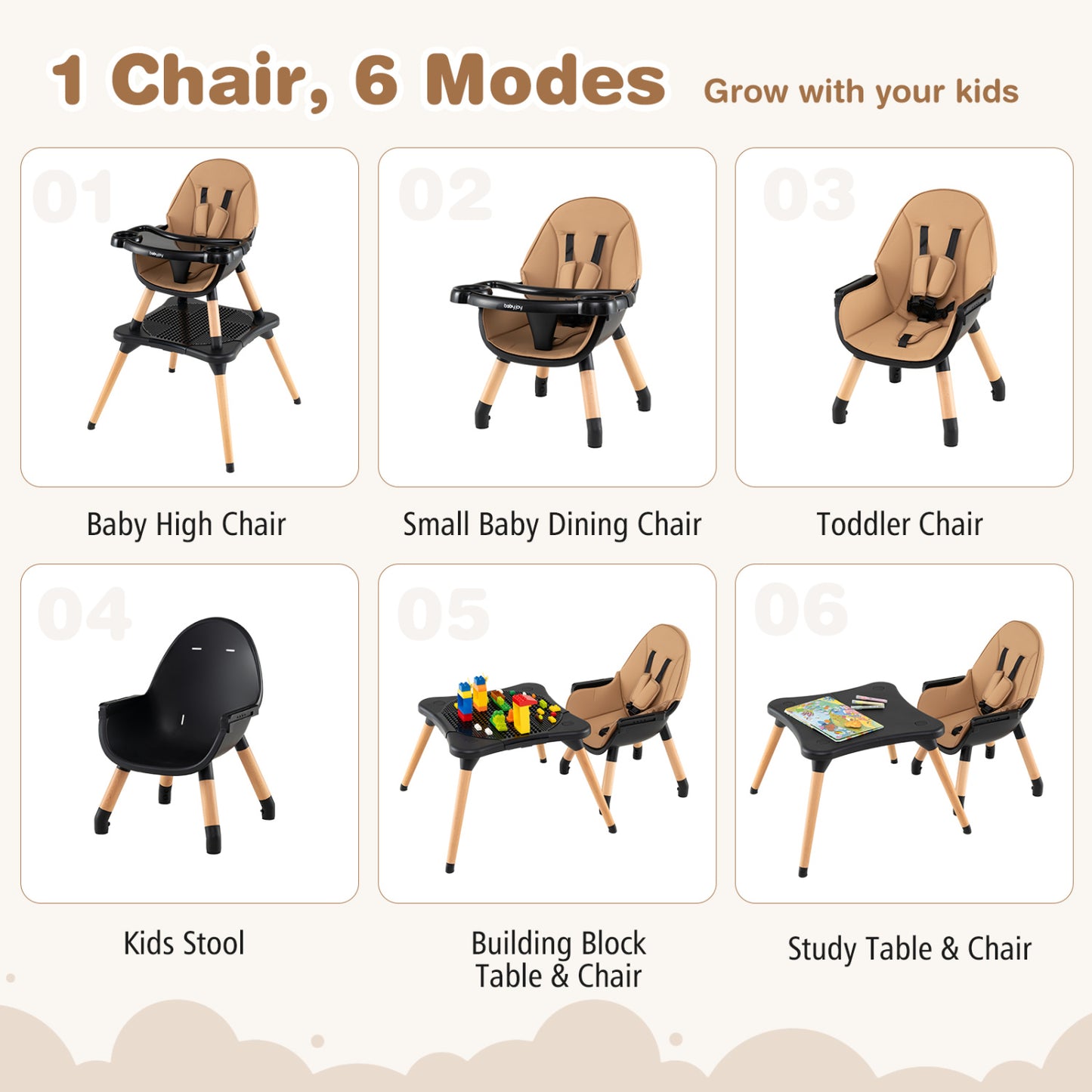 5-In-1 Convertible Wooden High Chair, Detachable Tray, Light Brown High Chairs at Gallery Canada