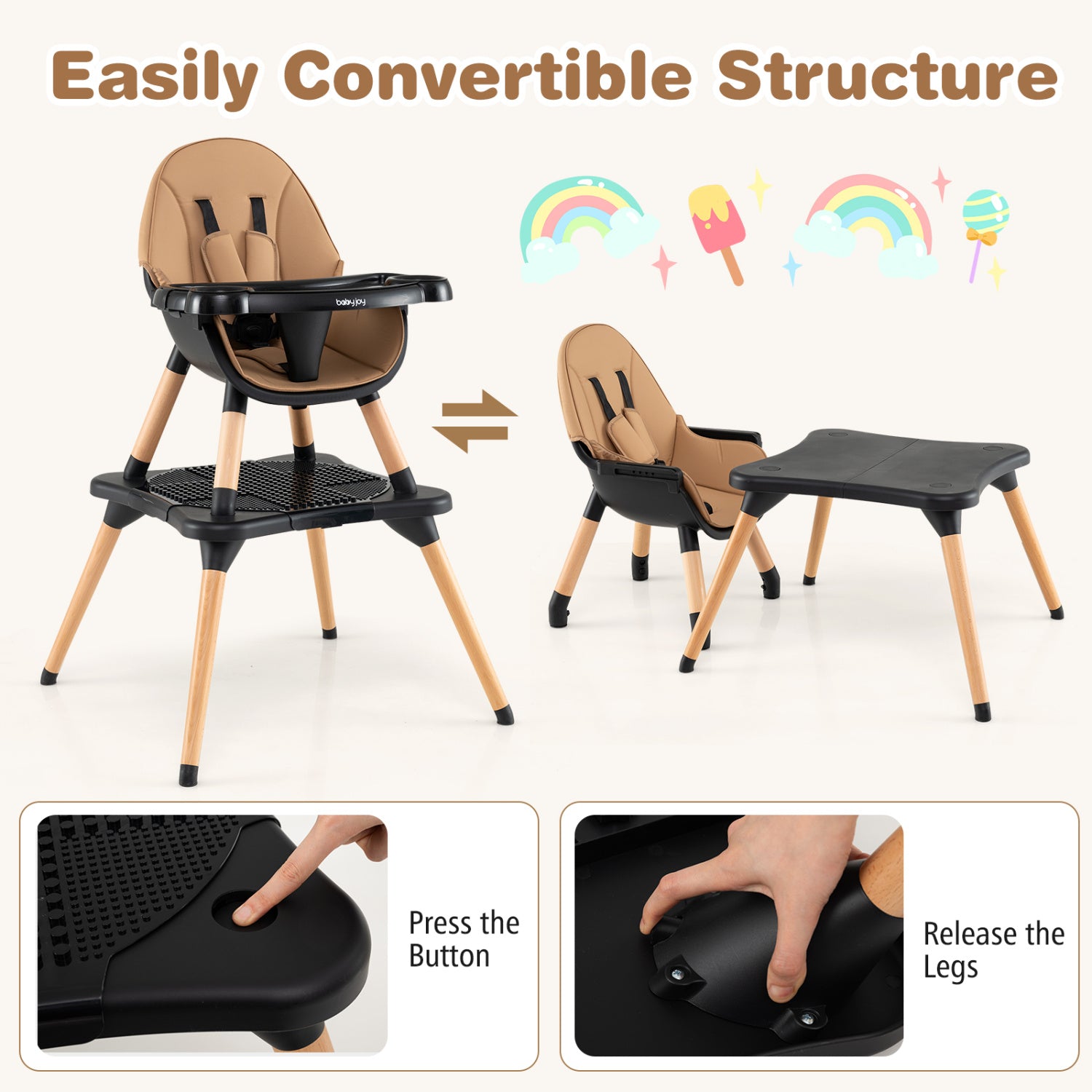 5-In-1 Convertible Wooden High Chair, Detachable Tray, Light Brown High Chairs at Gallery Canada