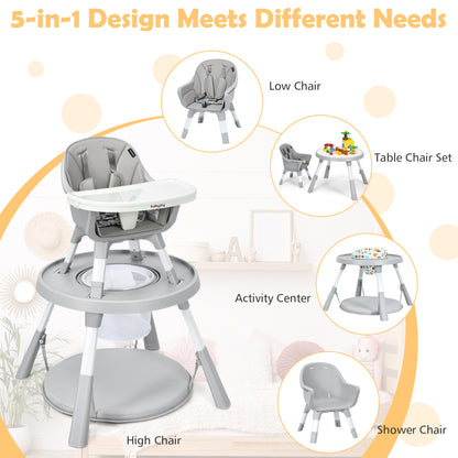5-in-1 Baby Highchair, Adjustable Height, 2-Tier Tray Storage, Gray