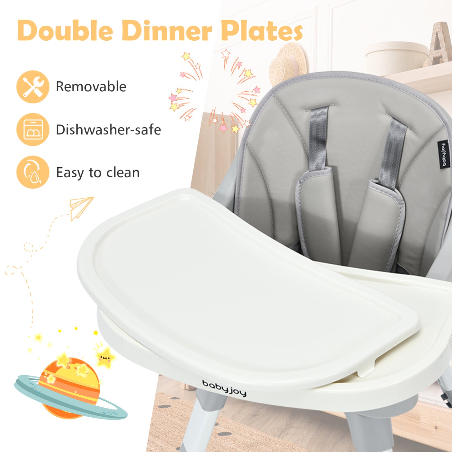 5-in-1 Baby Highchair, Adjustable Height, 2-Tier Tray Storage, Gray