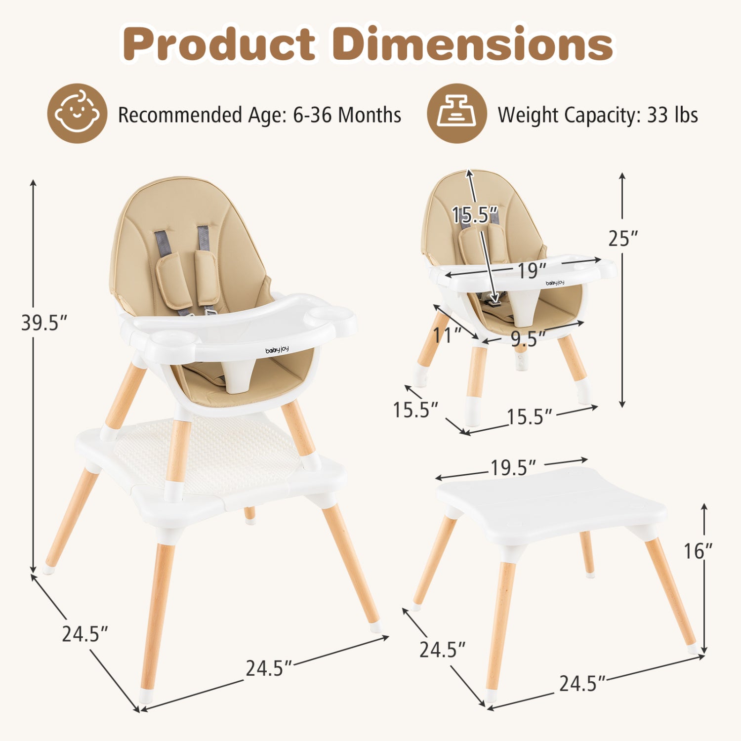 5-In-1 Convertible Wooden High Chair, Beige High Chairs at Gallery Canada